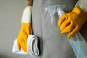 Cleaner holding gloves and spray bottle